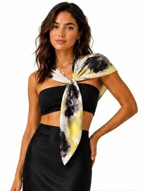 Abstract Print Satin-Feel Rectangular Fashion Scarf Yellow Gray Black OS